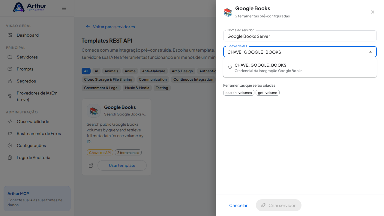 Escolha o segredo CHAVEGOOGLEBOOKS nas sugestões do cofre