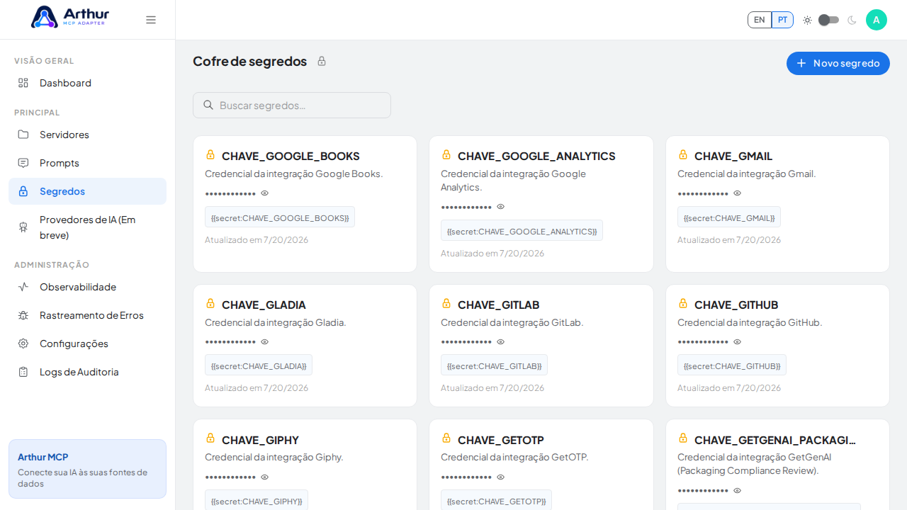 Abra o Cofre de segredos para guardar a credencial do Google Calendar antes de usar o template