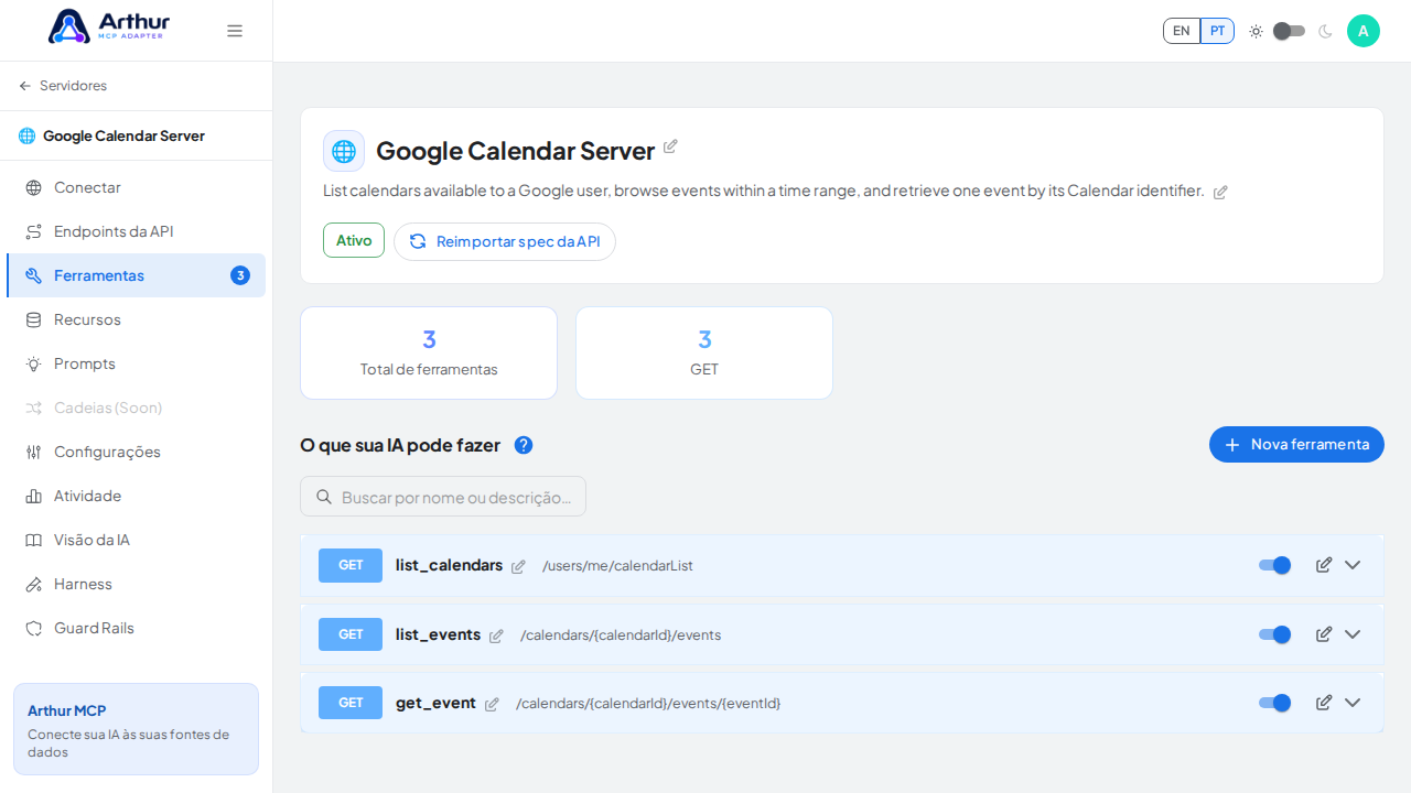 Revise as ferramentas geradas a partir do template Google Calendar