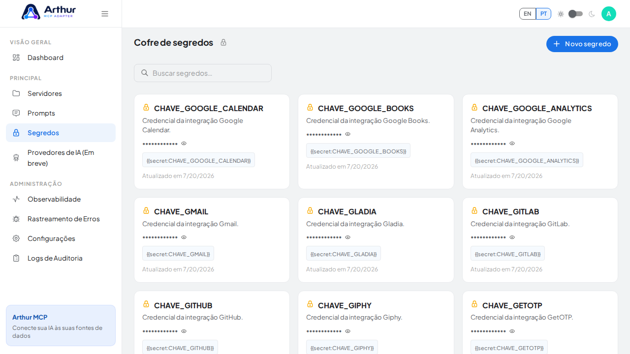 Abra o Cofre de segredos para guardar a credencial do Google Drive antes de usar o template