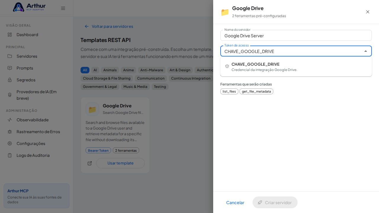 Escolha o segredo CHAVEGOOGLEDRIVE nas sugestões do cofre