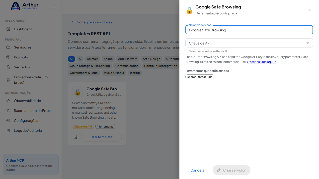 Abra o template Google Safe Browsing com suas ferramentas pré-configuradas