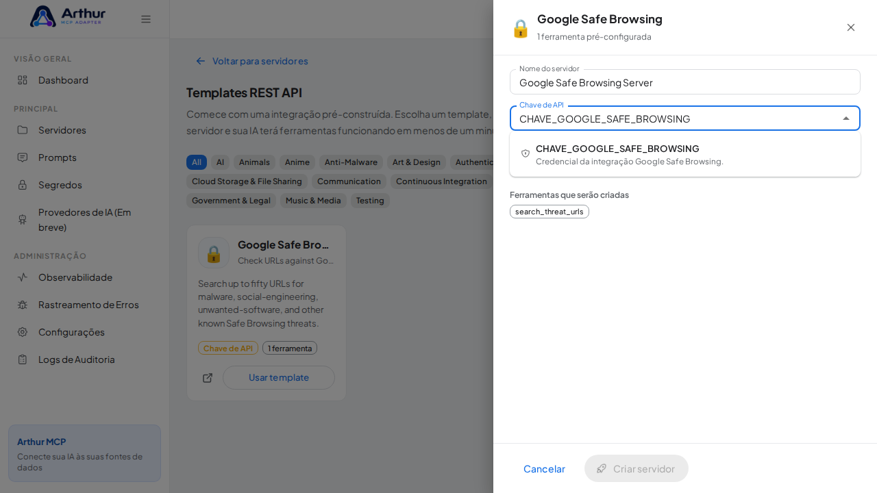 Escolha o segredo CHAVEGOOGLESAFEBROWSING nas sugestões do cofre