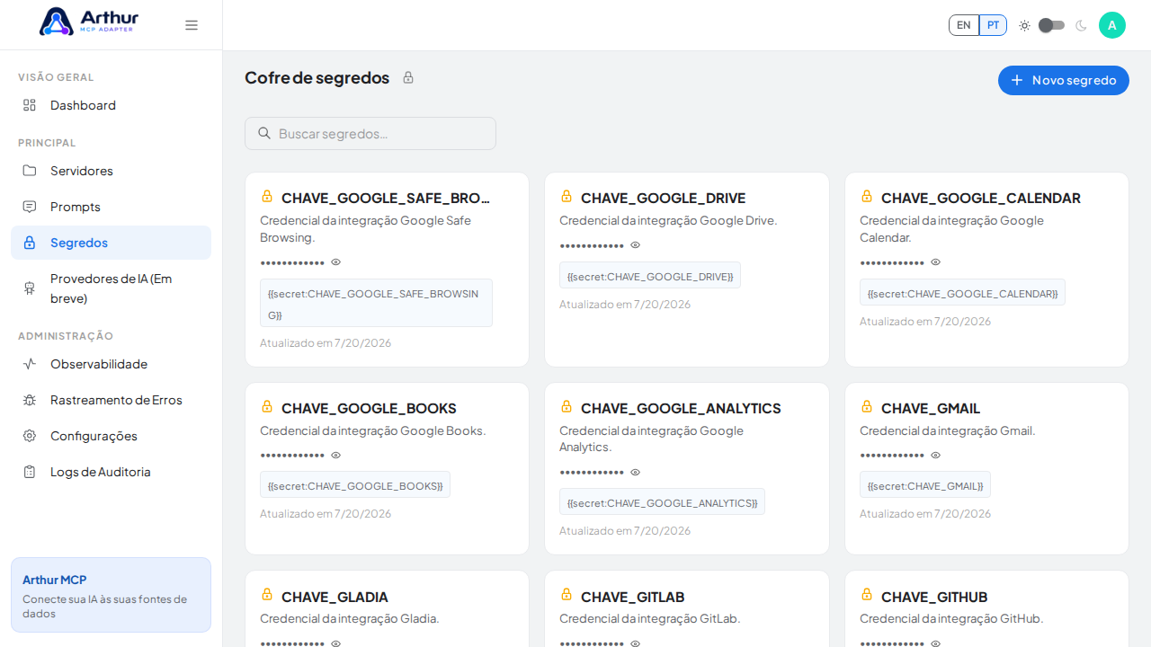 Abra o Cofre de segredos para guardar a credencial do Groq antes de usar o template
