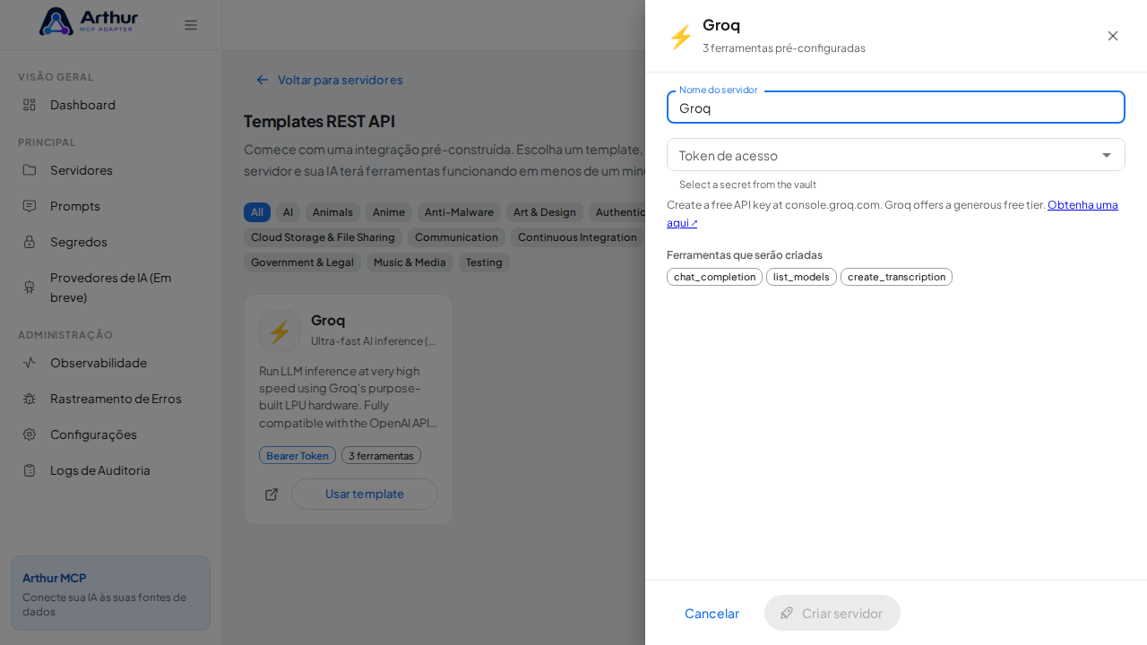 Abra o template Groq com suas ferramentas pré-configuradas