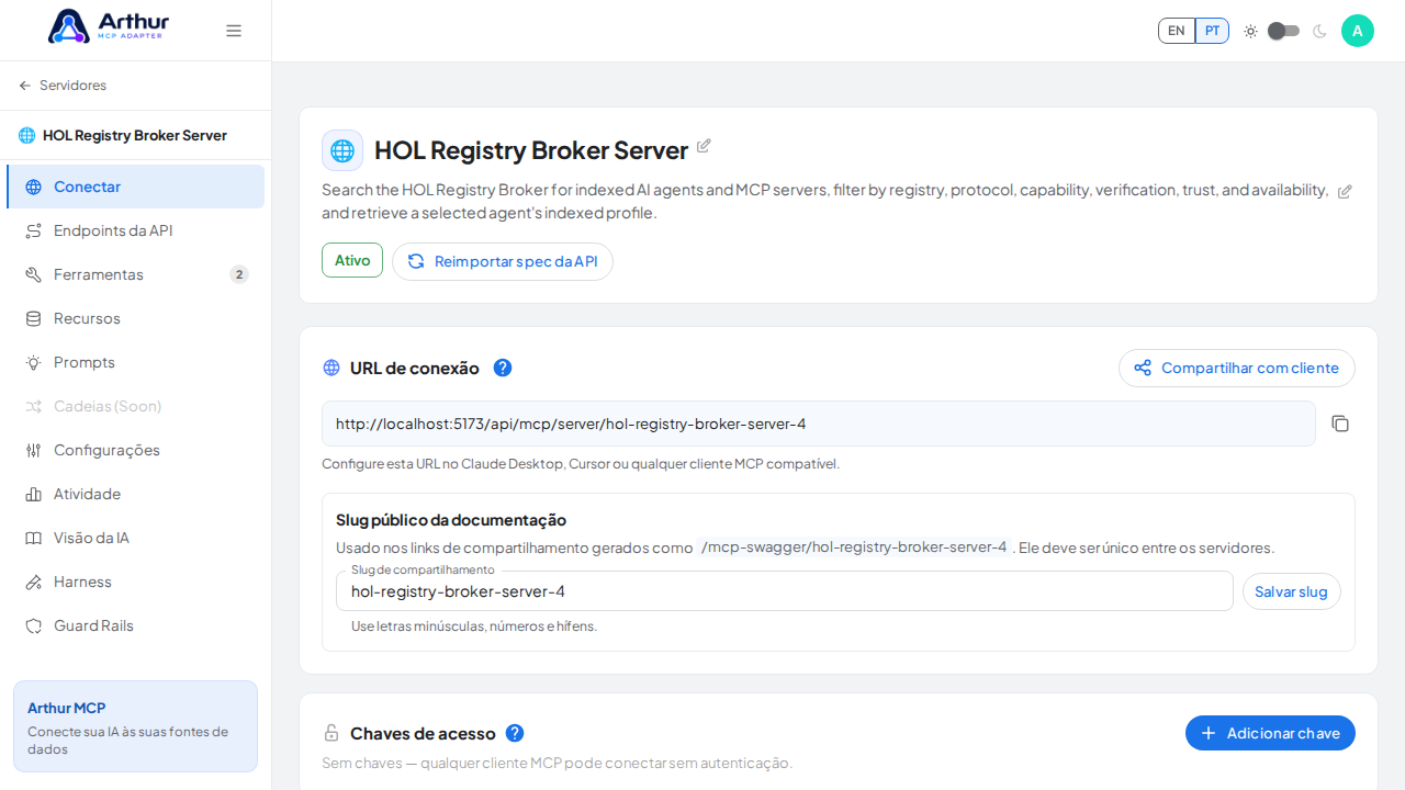 Abra a seção Conectar do servidor, onde ficam o endpoint MCP e sua documentação
