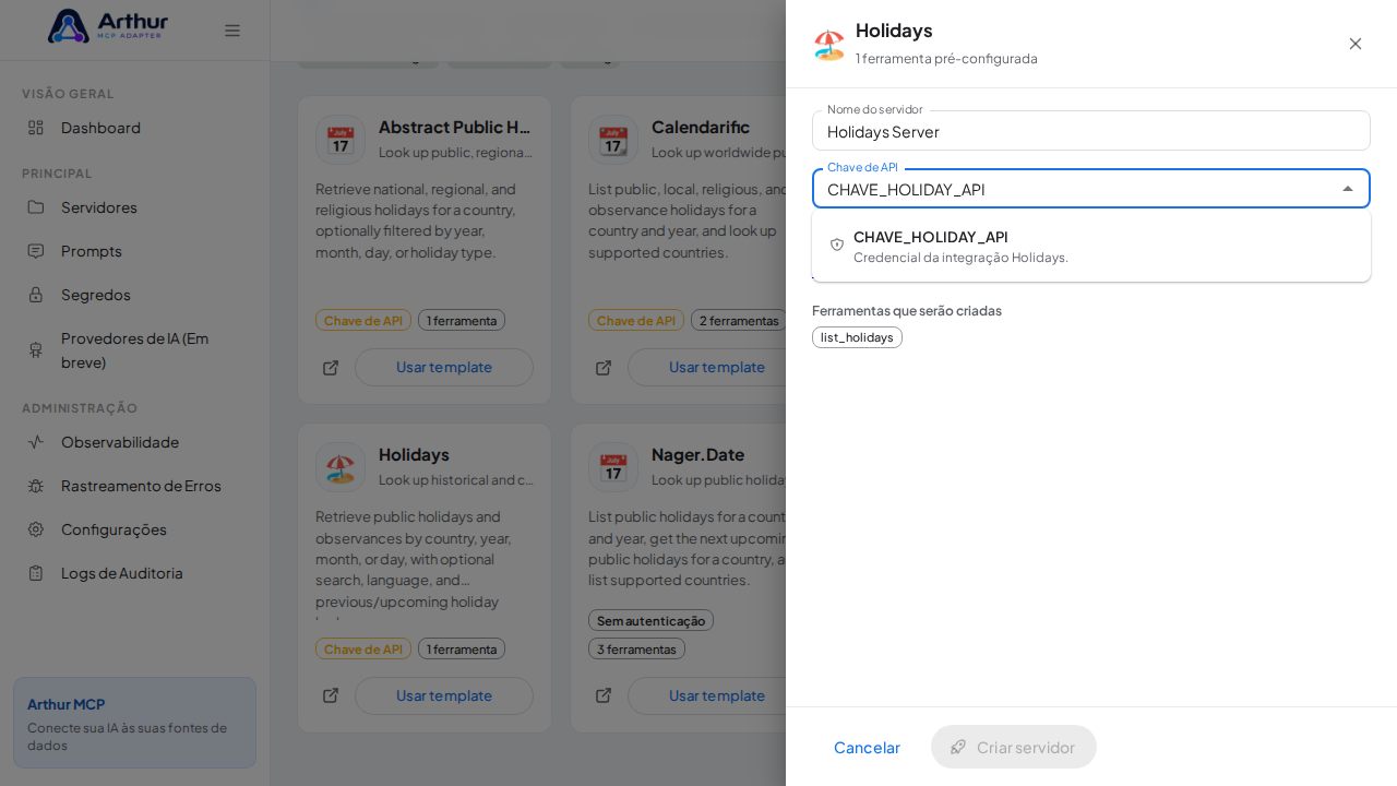 Escolha o segredo CHAVEHOLIDAYAPI nas sugestões do cofre
