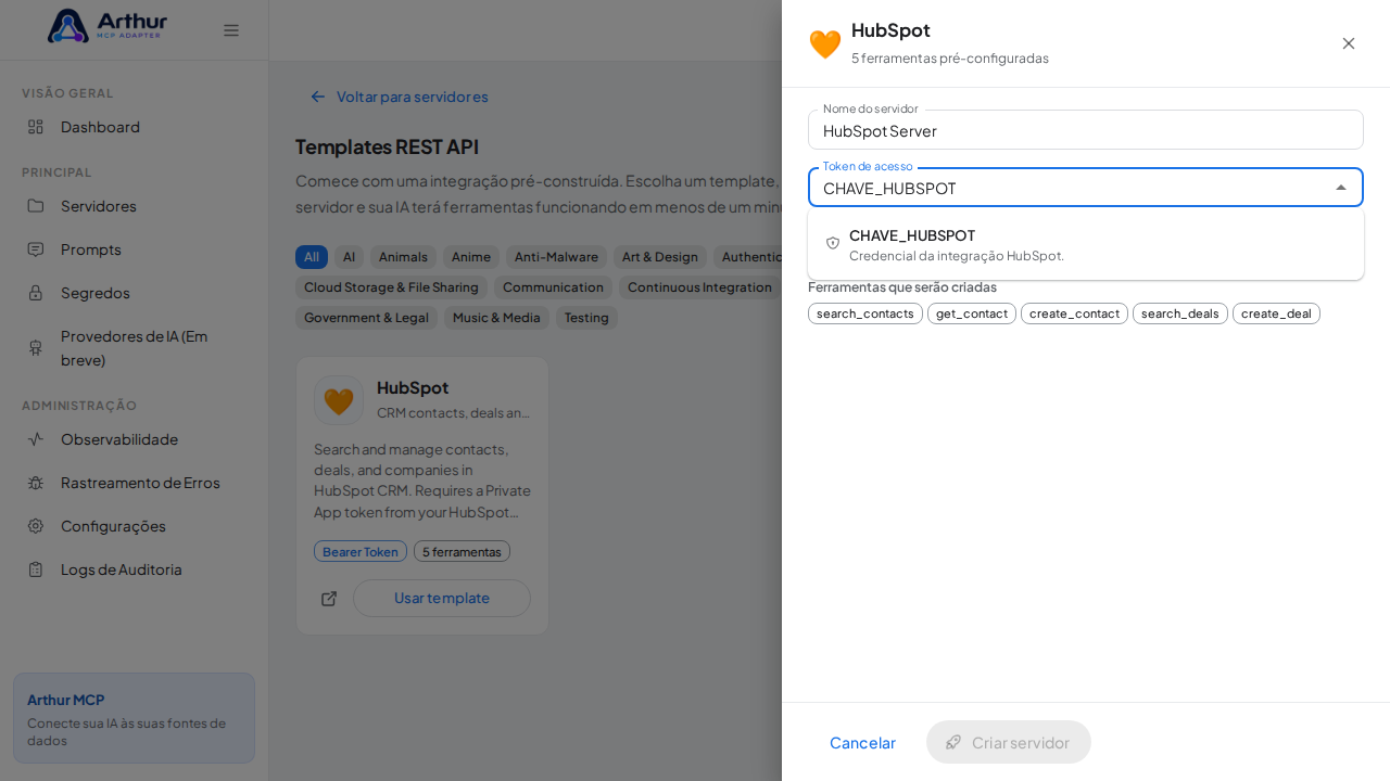 Escolha o segredo CHAVEHUBSPOT nas sugestões do cofre