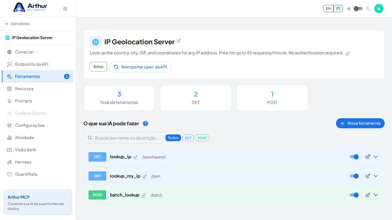 Revise as ferramentas geradas a partir do template IP Geolocation