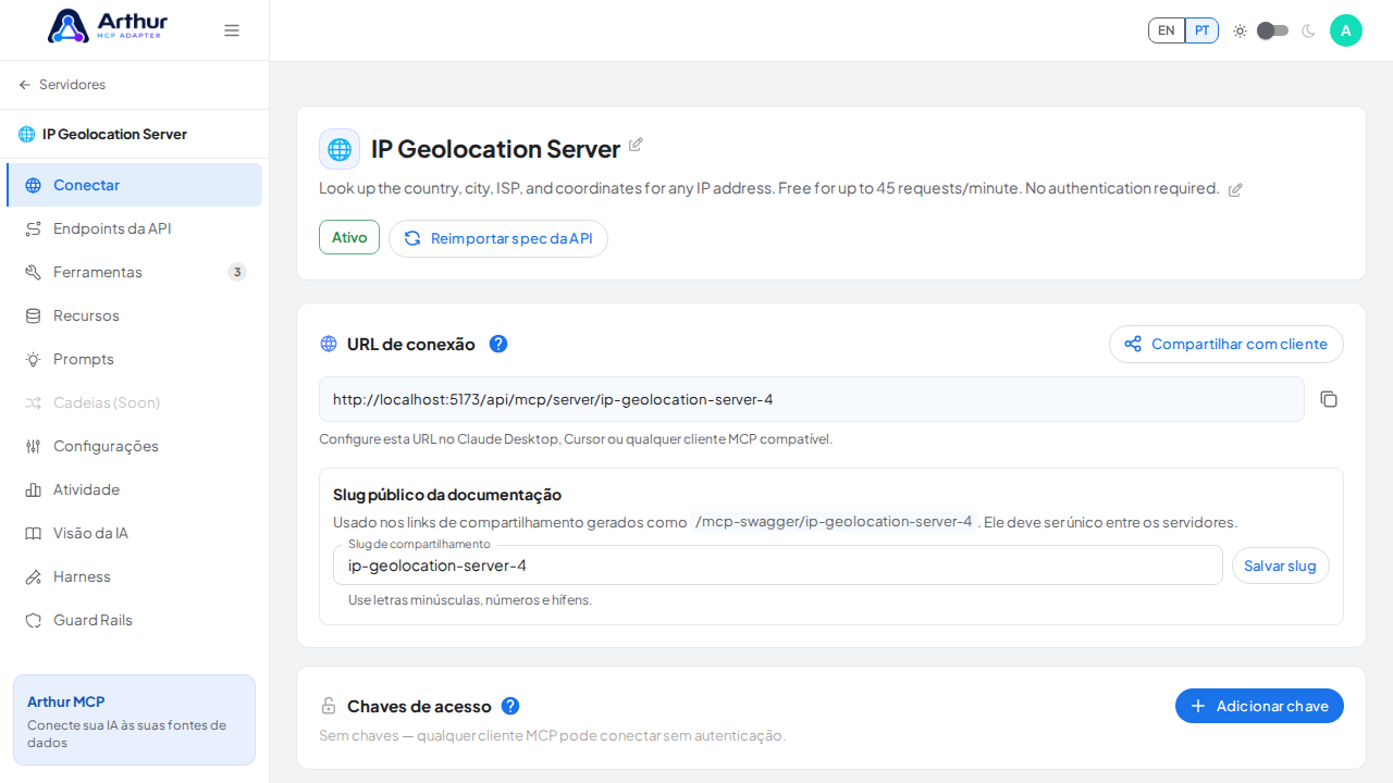 Abra a seção Conectar do servidor, onde ficam o endpoint MCP e sua documentação