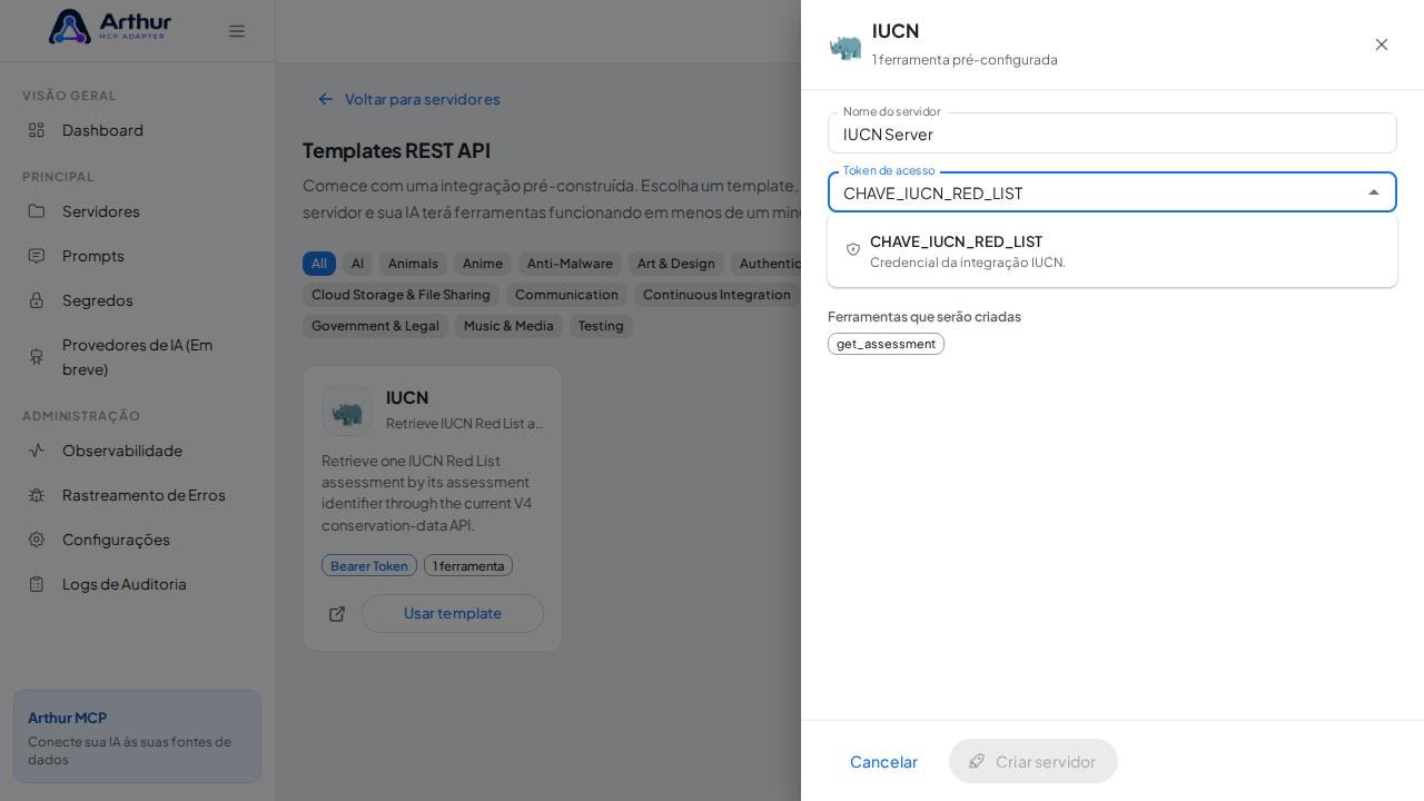 Escolha o segredo CHAVEIUCNREDLIST nas sugestões do cofre