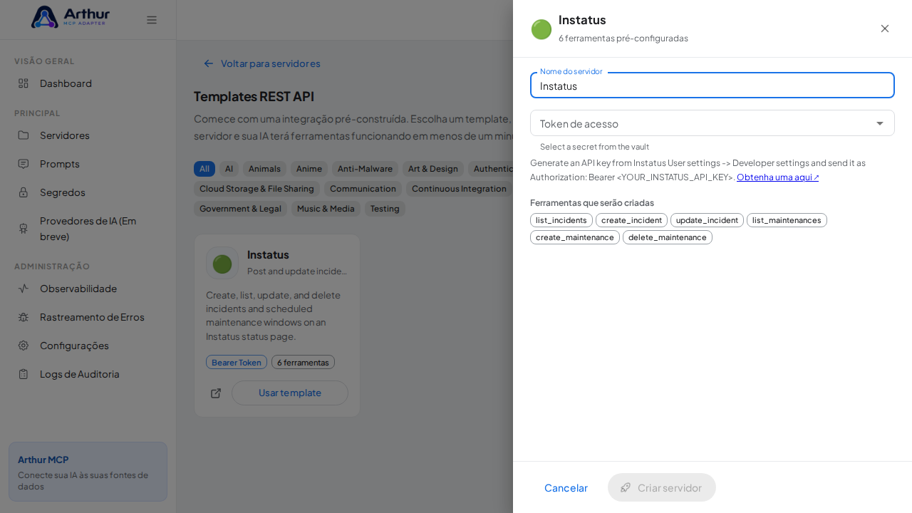 Abra o template Instatus com suas ferramentas pré-configuradas