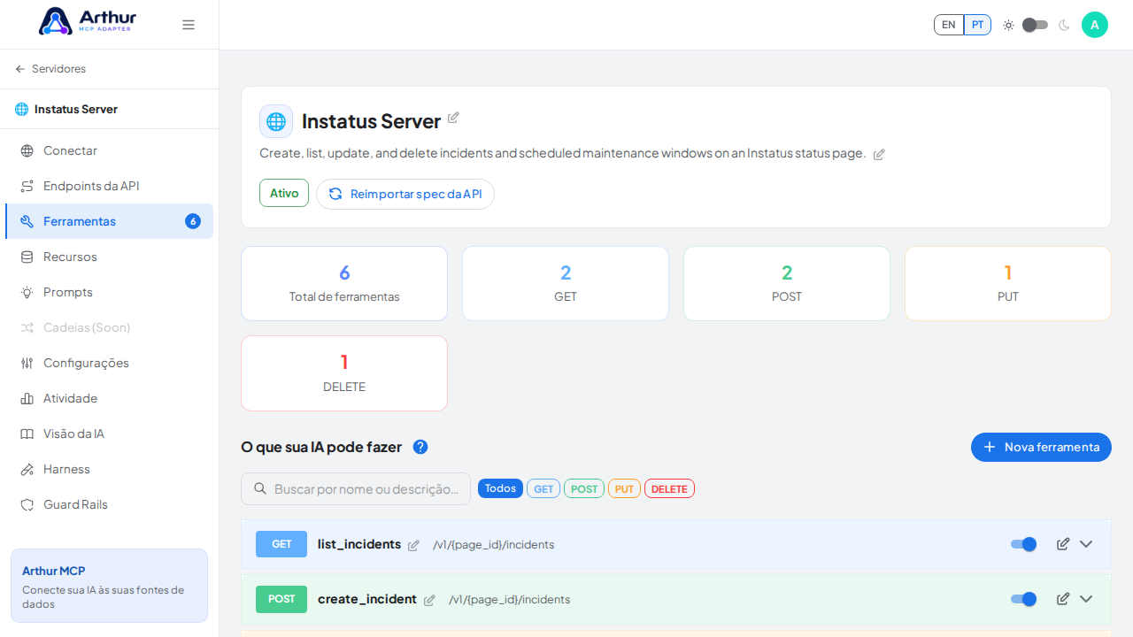 Revise as ferramentas geradas a partir do template Instatus