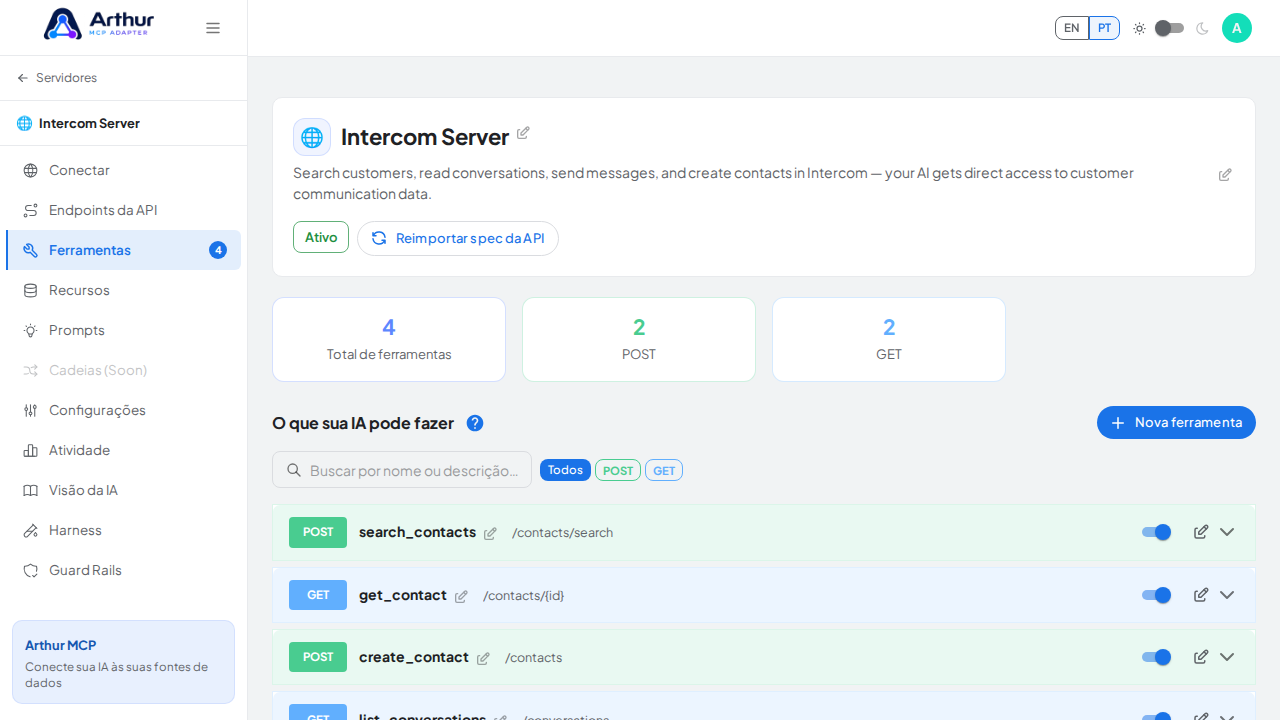 Revise as ferramentas geradas a partir do template Intercom