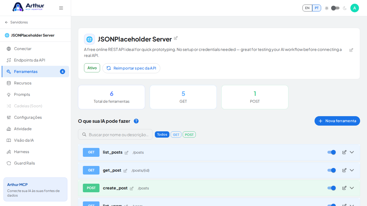 Revise as ferramentas geradas a partir do template JSONPlaceholder