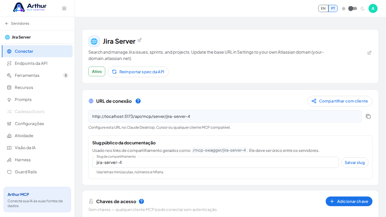 Abra a seção Conectar do servidor, onde ficam o endpoint MCP e sua documentação