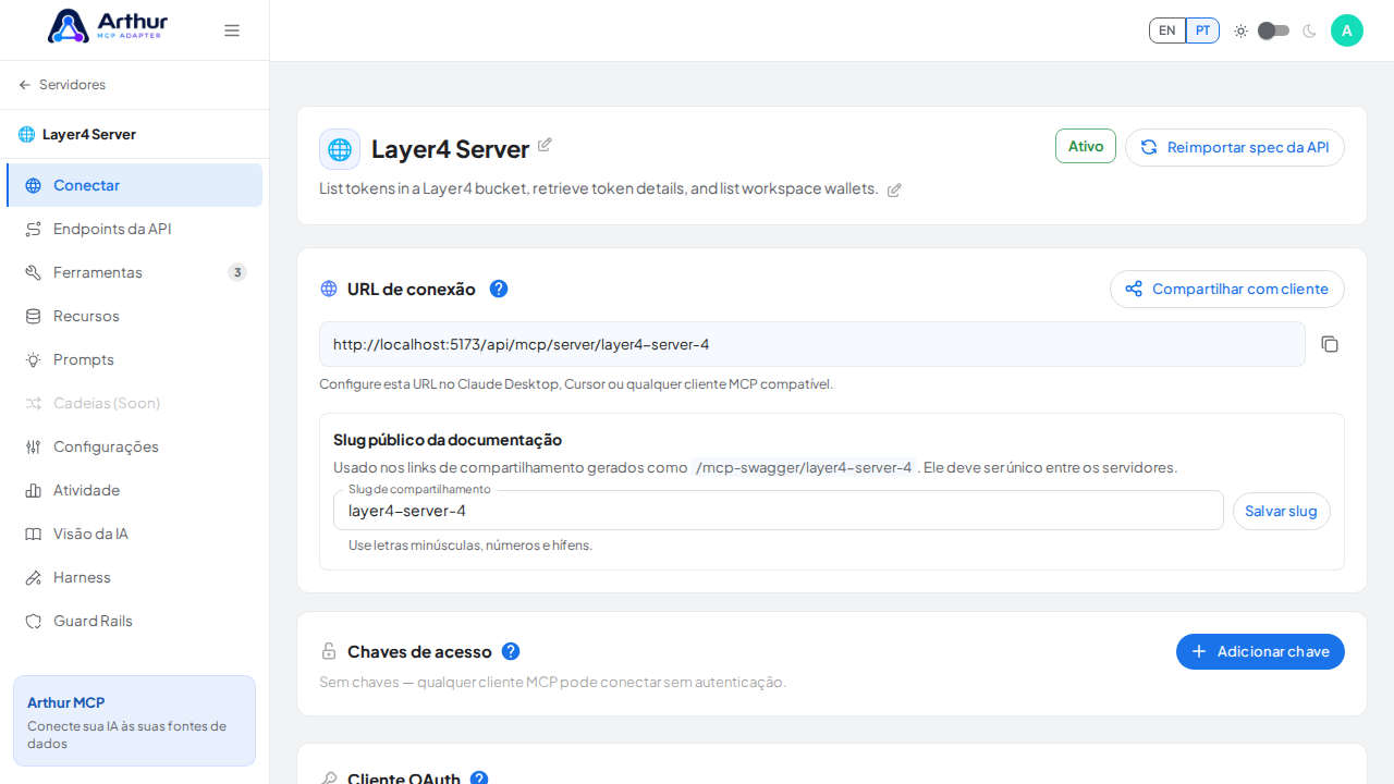 Abra a seção Conectar do servidor, onde ficam o endpoint MCP e sua documentação