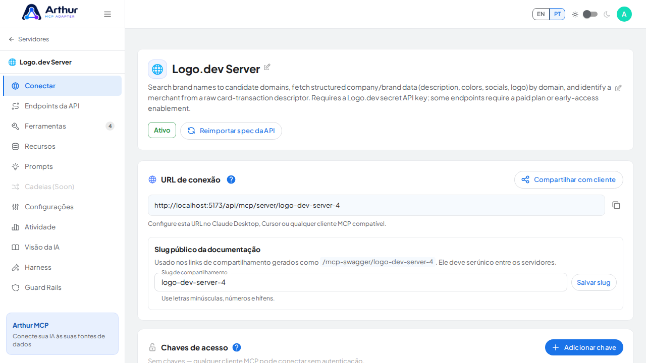 Abra a seção Conectar do servidor, onde ficam o endpoint MCP e sua documentação