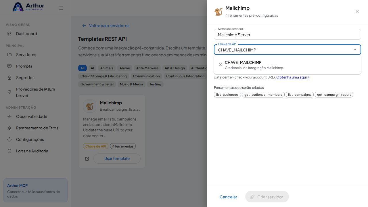 Escolha o segredo CHAVEMAILCHIMP nas sugestões do cofre