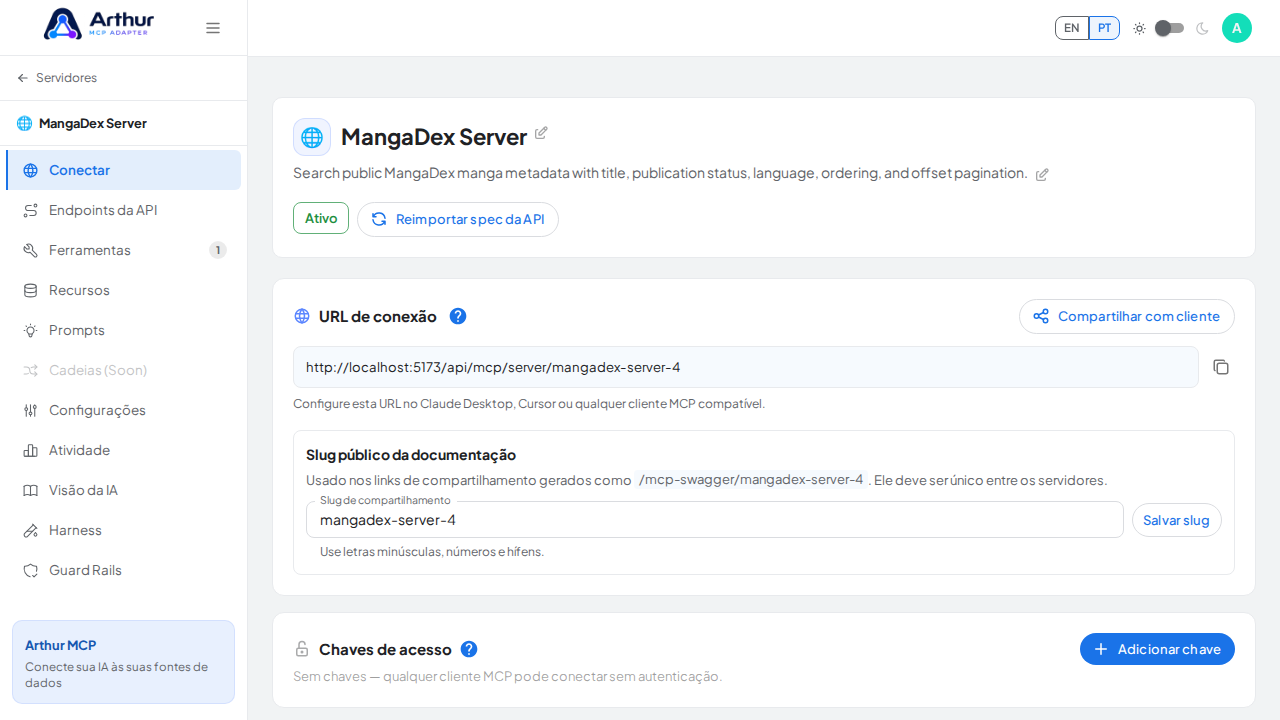 Abra a seção Conectar do servidor, onde ficam o endpoint MCP e sua documentação