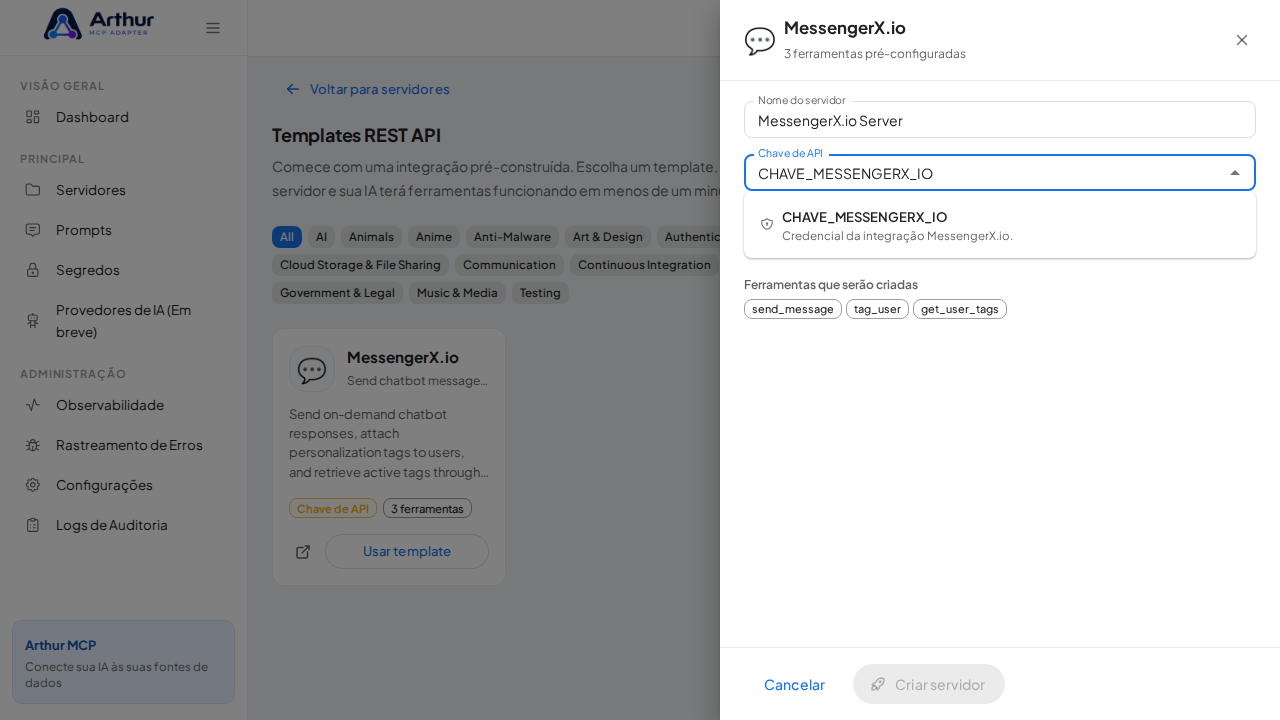 Escolha o segredo CHAVEMESSENGERXIO nas sugestões do cofre