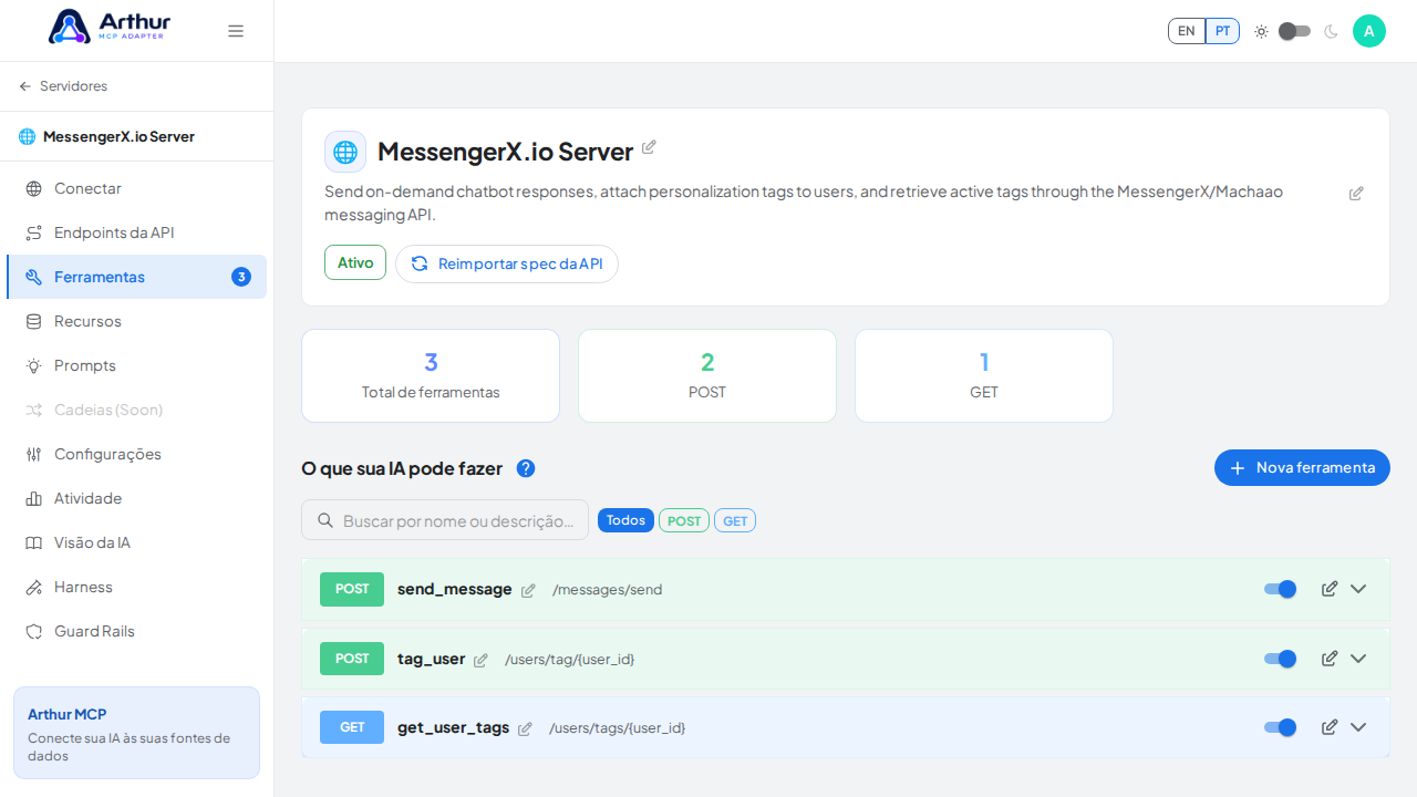 Revise as ferramentas geradas a partir do template MessengerX.io