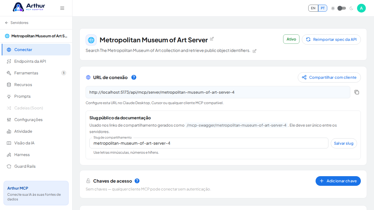 Abra a seção Conectar do servidor, onde ficam o endpoint MCP e sua documentação