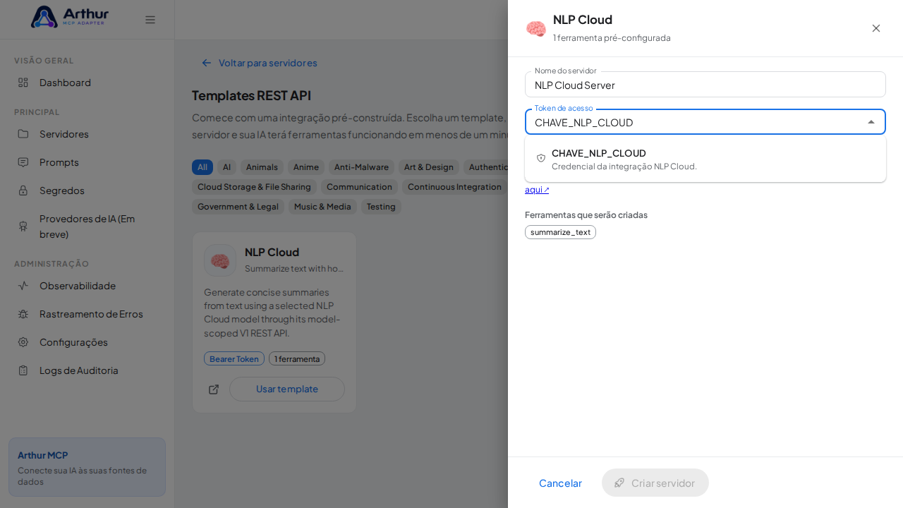 Escolha o segredo CHAVENLPCLOUD nas sugestões do cofre