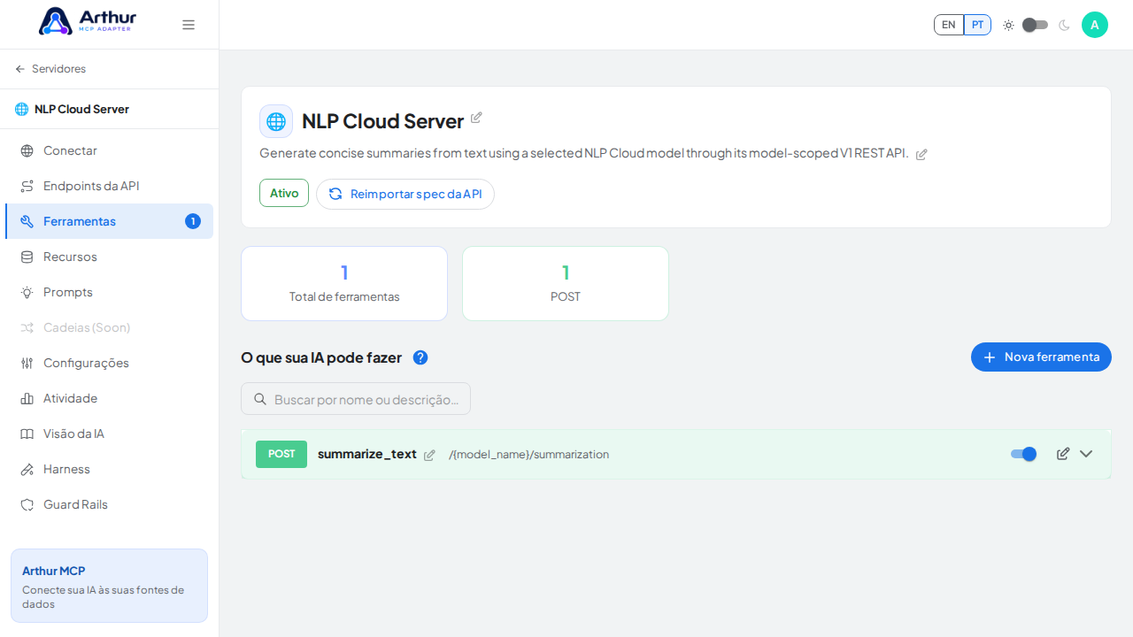 Revise as ferramentas geradas a partir do template NLP Cloud