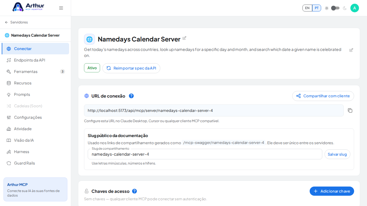 Abra a seção Conectar do servidor, onde ficam o endpoint MCP e sua documentação