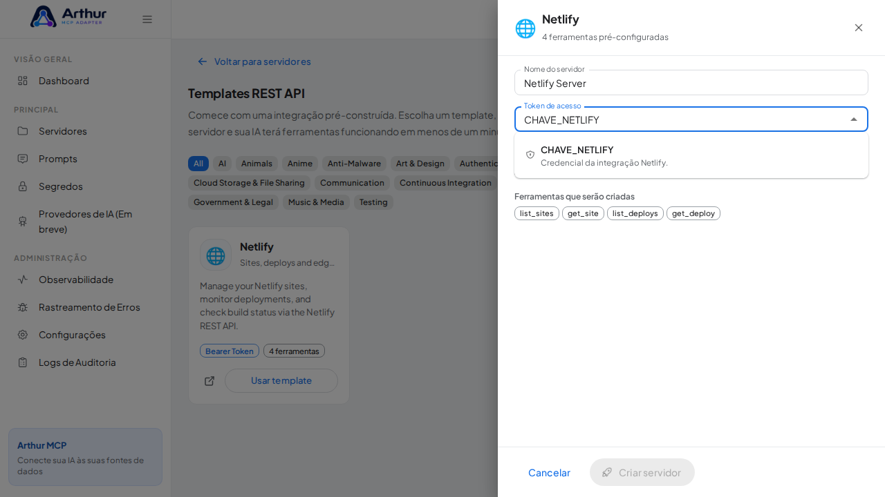Escolha o segredo CHAVENETLIFY nas sugestões do cofre