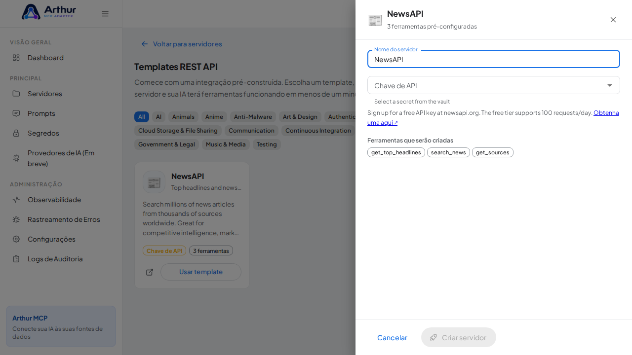 Abra o template NewsAPI com suas ferramentas pré-configuradas