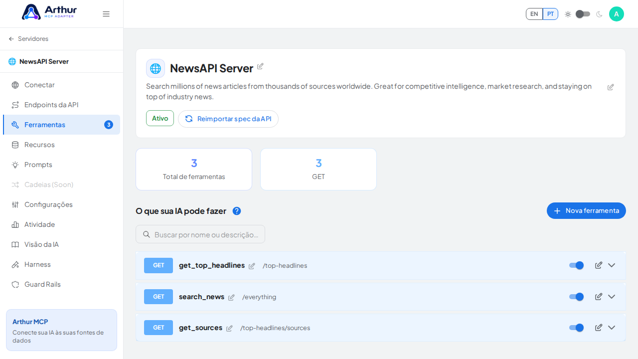Revise as ferramentas geradas a partir do template NewsAPI