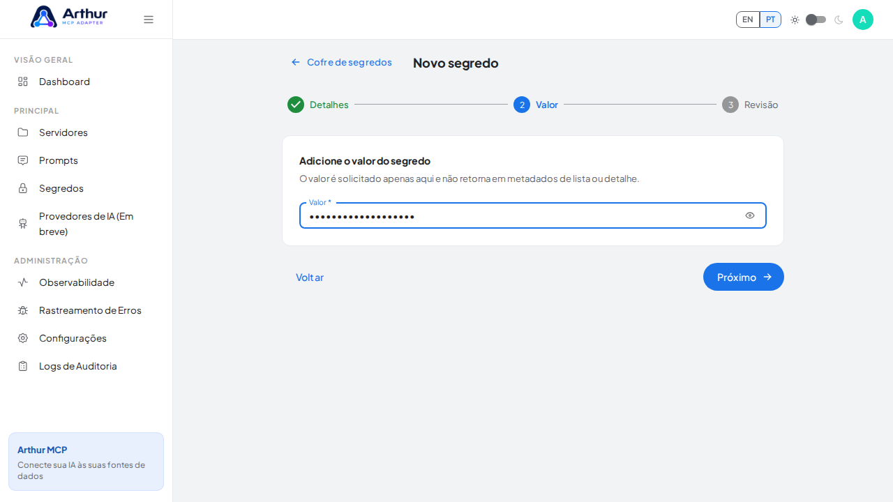 Informe o valor da credencial — aqui um valor de demonstração; use sua chave real ao adotar a integração