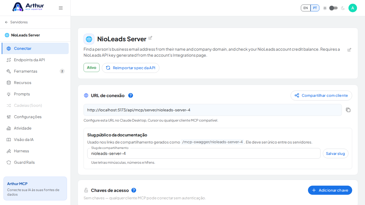Abra a seção Conectar do servidor, onde ficam o endpoint MCP e sua documentação