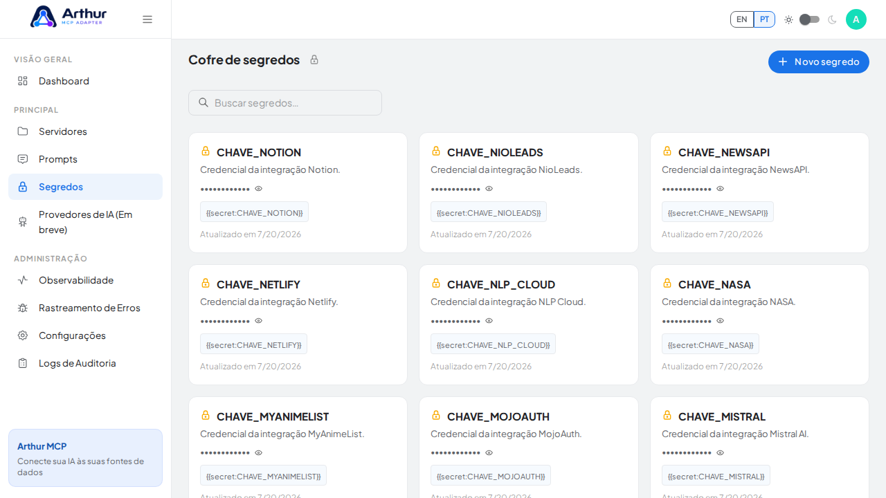 Abra o Cofre de segredos para guardar a credencial do Nownodes antes de usar o template