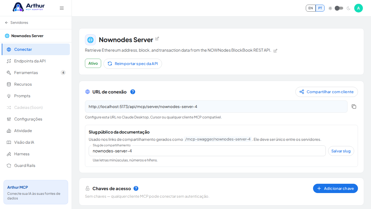 Abra a seção Conectar do servidor, onde ficam o endpoint MCP e sua documentação