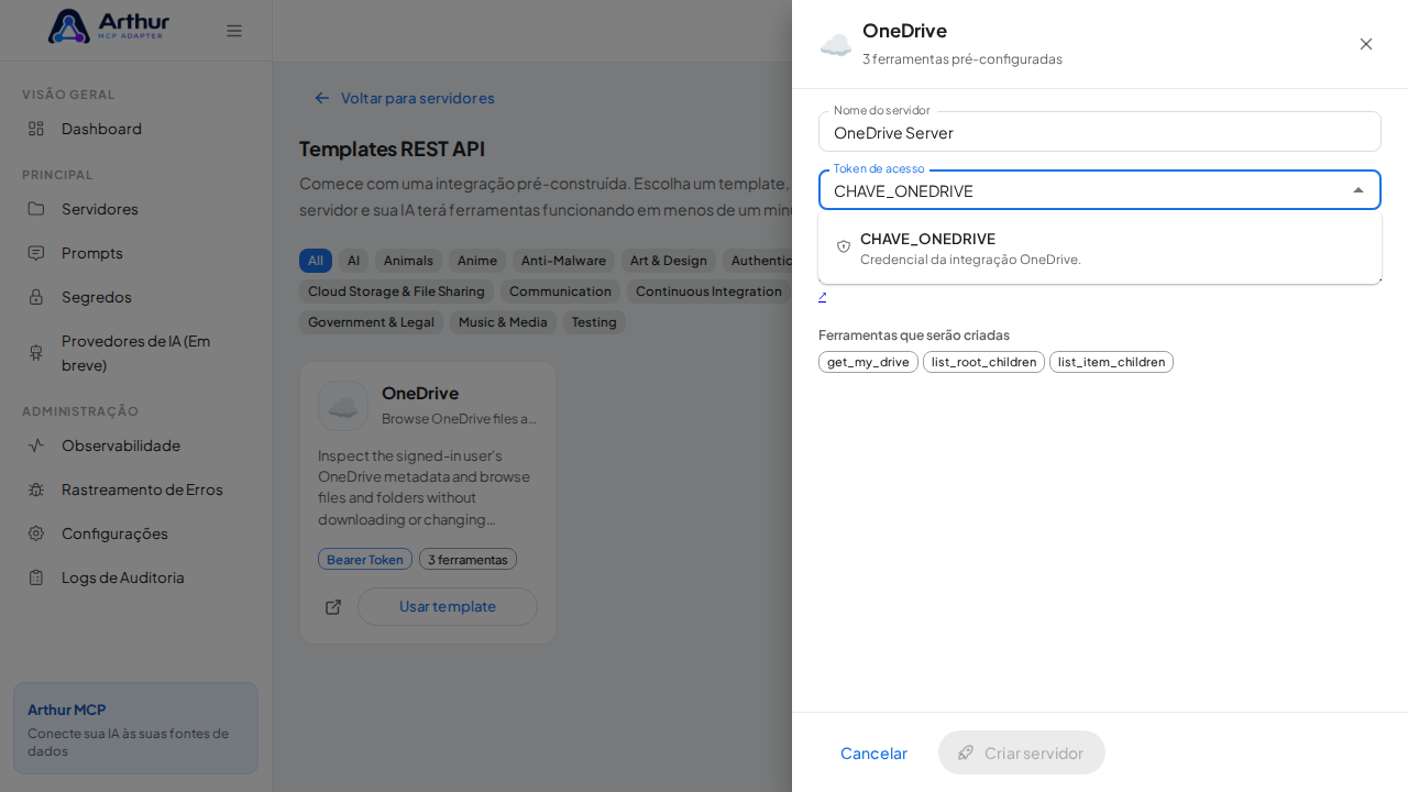 Escolha o segredo CHAVEONEDRIVE nas sugestões do cofre