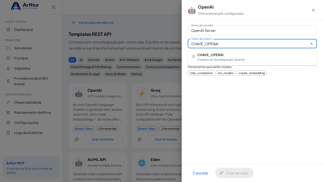 Escolha o segredo CHAVEOPENAI nas sugestões do cofre