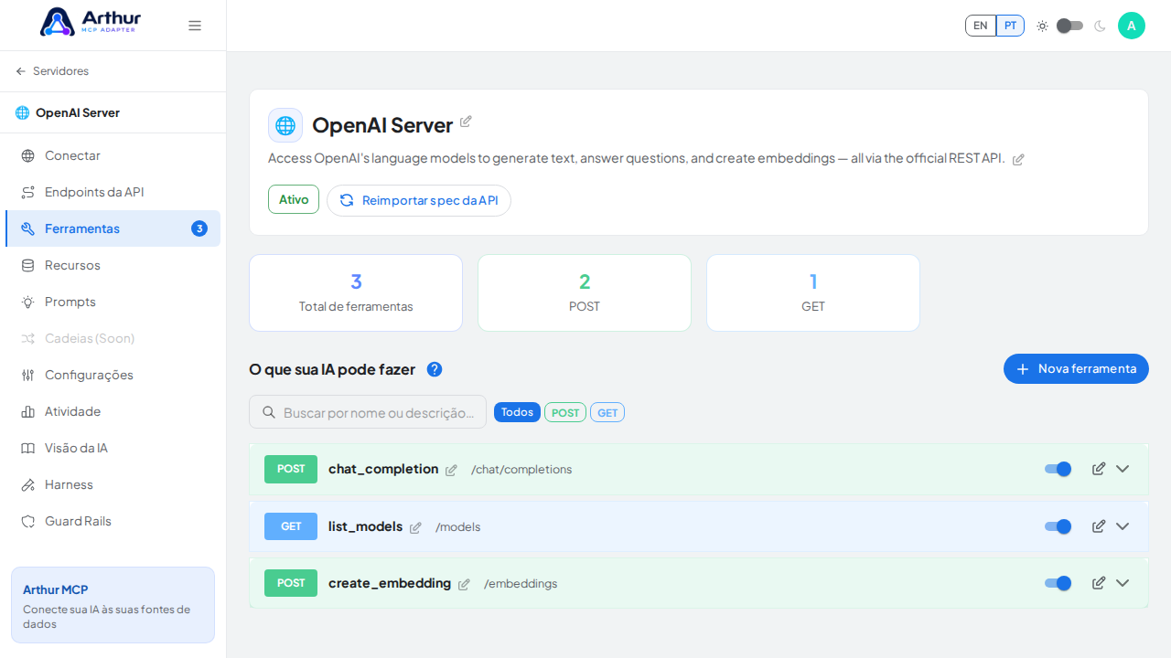 Revise as ferramentas geradas a partir do template OpenAI
