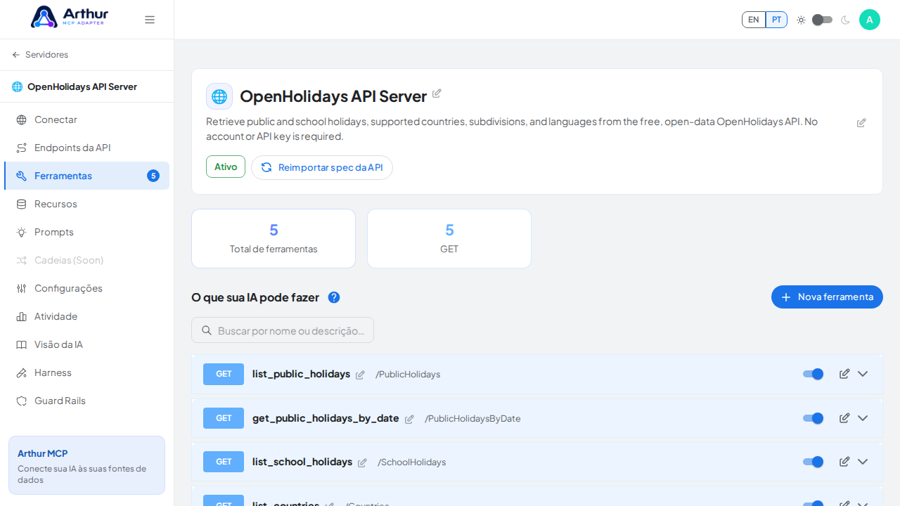 Revise as ferramentas geradas a partir do template OpenHolidays API