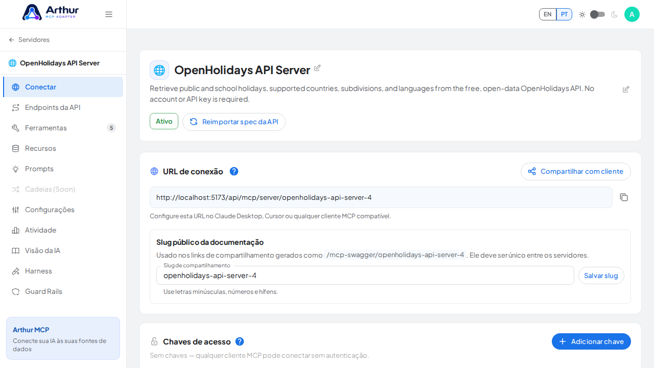 Abra a seção Conectar do servidor, onde ficam o endpoint MCP e sua documentação