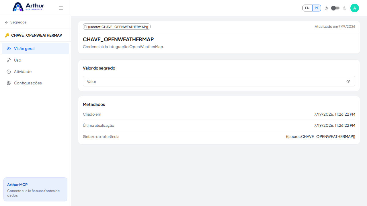 Armazene o segredo CHAVEOPENWEATHERMAP no cofre