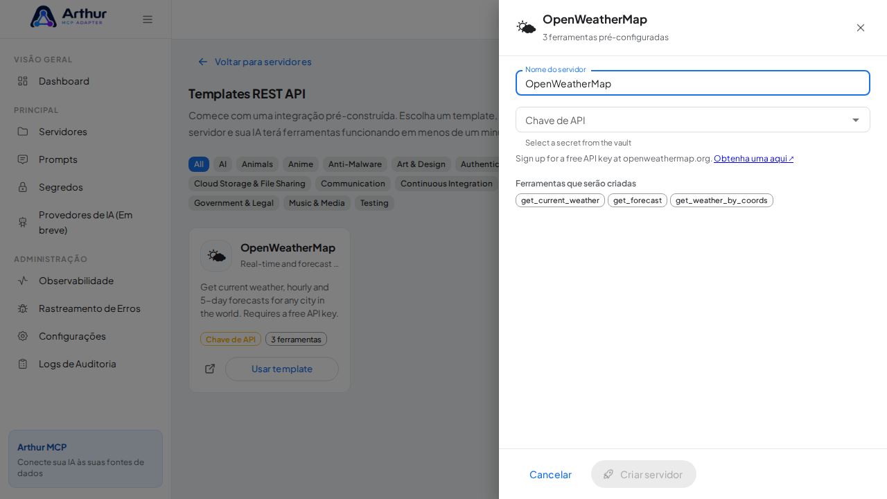 Abra o template OpenWeatherMap com suas ferramentas pré-configuradas