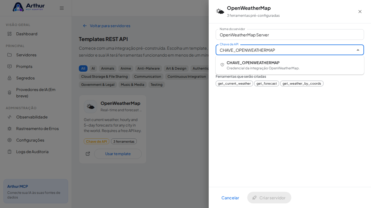 Escolha o segredo CHAVEOPENWEATHERMAP nas sugestões do cofre