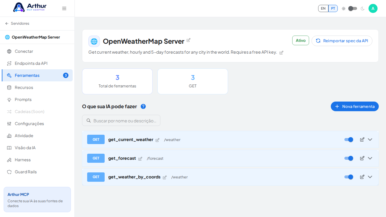 Revise as ferramentas geradas a partir do template OpenWeatherMap