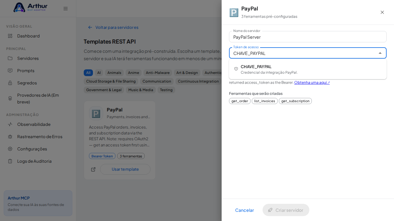 Escolha o segredo CHAVEPAYPAL nas sugestões do cofre