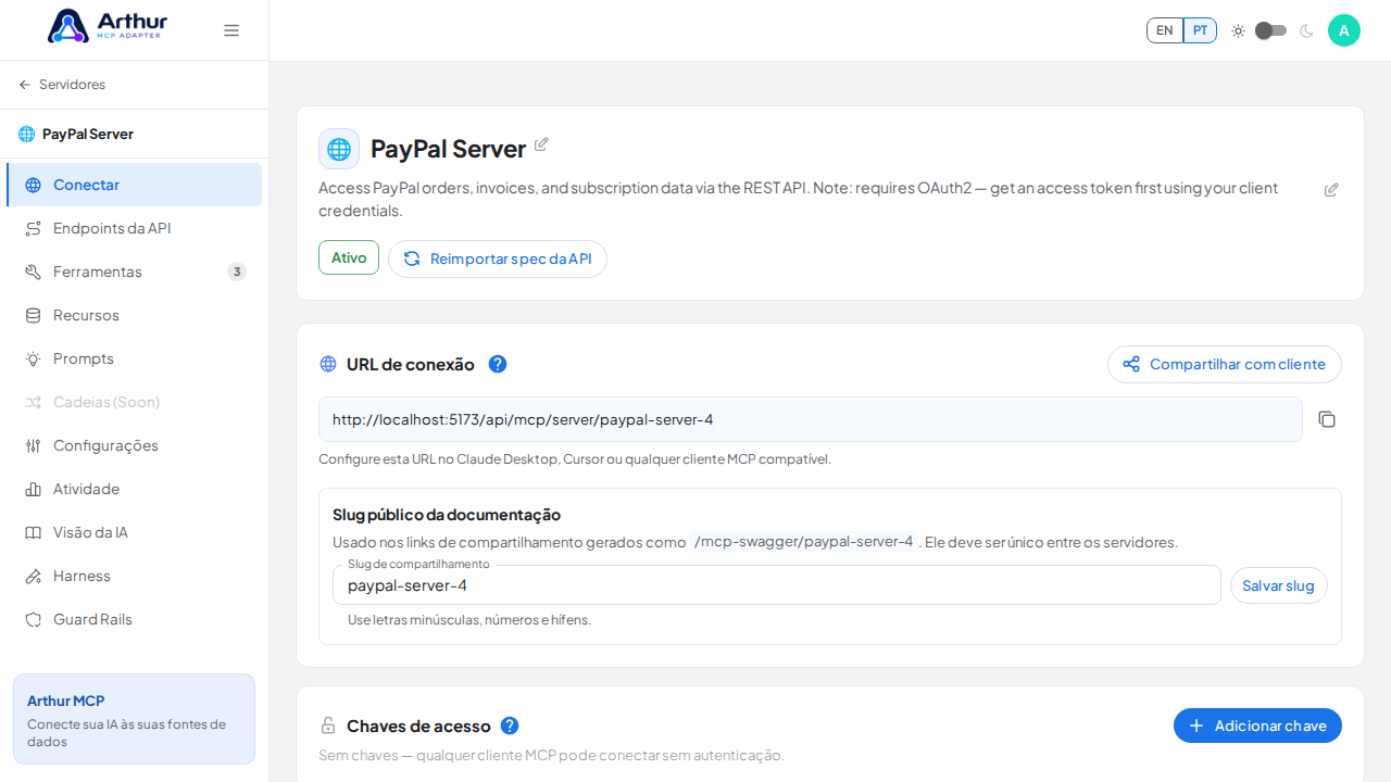 Abra a seção Conectar do servidor, onde ficam o endpoint MCP e sua documentação