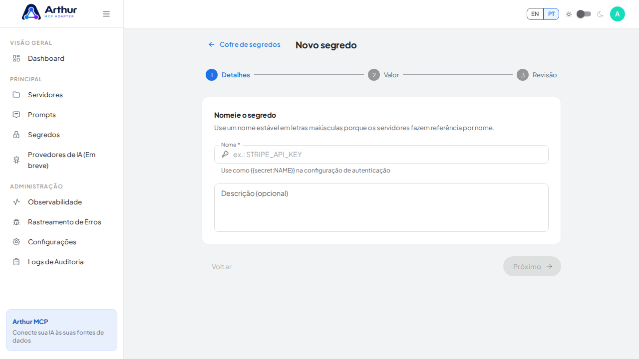 Inicie o assistente Novo segredo