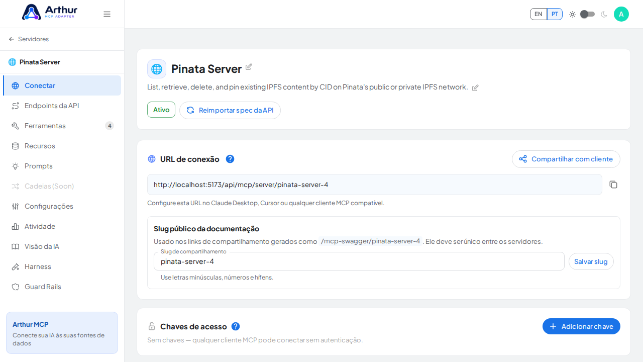 Abra a seção Conectar do servidor, onde ficam o endpoint MCP e sua documentação